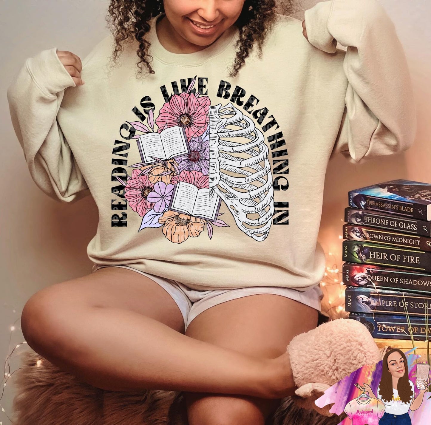 Reading is like Breathing floral skellies bookish shirt